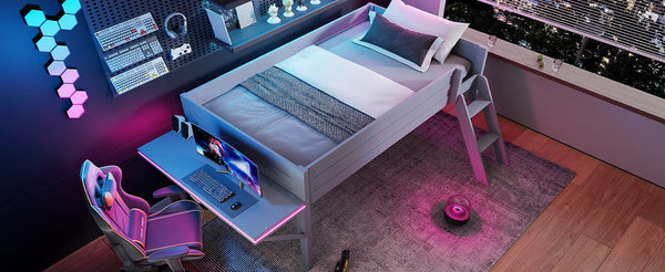 English Elm Wood Twin Gaming Loft Bed with Desk, LED Lighting & Storage Shelves—Sturdy Pine Build for Kids (98) N709P236479E