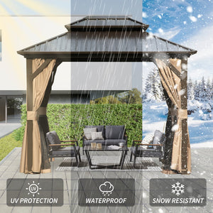 English Elm 8' Hardtop Gazebo 8x10 Aluminum Pavilion with Double Roof, Curtains & Netting for Outdoor Events Brown W1859S00149
