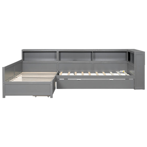 English Elm Wood Twin L-shaped Platform Bed Trundle Shelves Charging Station Kids Room Grey N7090001045E-1