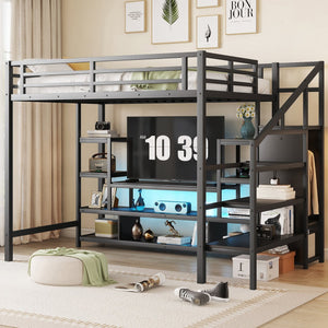 English Elm Full Size Metal Loft Bed With Integrated Tv Stand, Staircase & Wardrobe - Perfect For Kids & Teens! W2593S00012