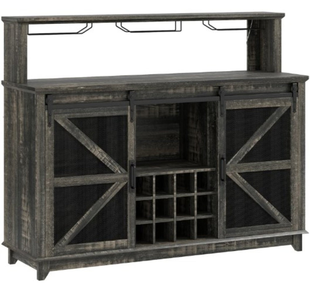 English Elm Farmhouse Wine Cabinet with Led Lighting Sliding Barn Doors and 12 Bottle Storage T3971P428310