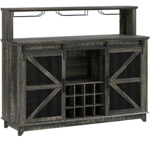 English Elm Farmhouse Wine Cabinet with Led Lighting Sliding Barn Doors and 12 Bottle Storage T3971P428310