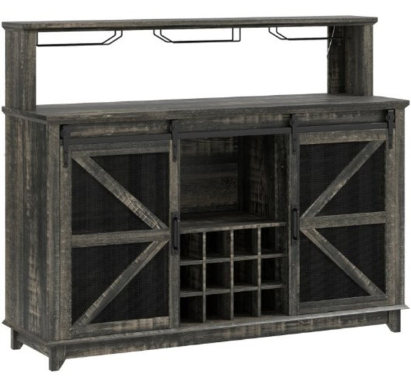 English Elm Farmhouse Wine Cabinet with Led Lighting Sliding Barn Doors and 12 Bottle Storage T3971P428310