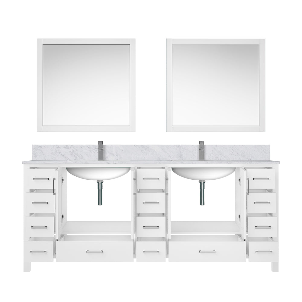 English Elm White Double Bath Vanity 84 in W x 22 in D with Carrara Marble Top, Chrome Faucet, 34in Mirrors, Durable Finish B2731S01062