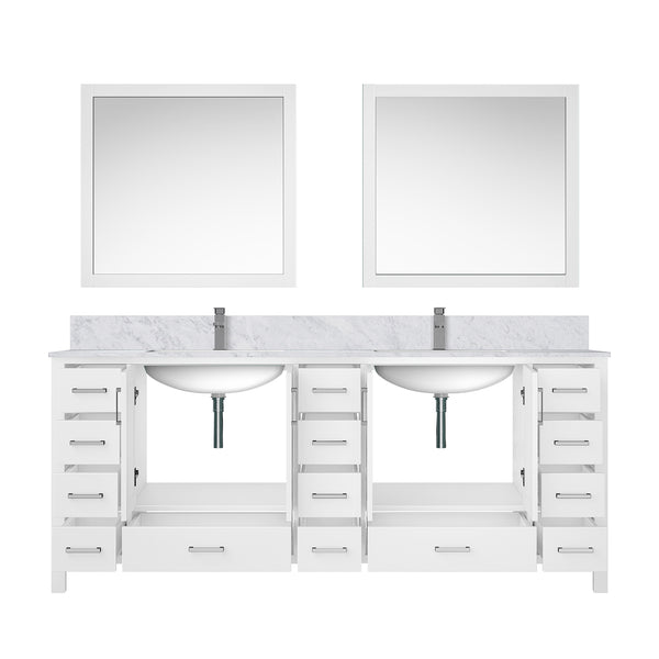 English Elm White Double Bath Vanity 84 in W x 22 in D with Carrara Marble Top, Chrome Faucet, 34in Mirrors, Durable Finish B2731S01062