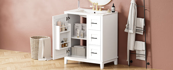 English Elm 30-inch Modern Bathroom Vanity with Ceramic Basin, Rubberwood Frame, Soft-Close Drawers & Organized Storage White N729P290689K