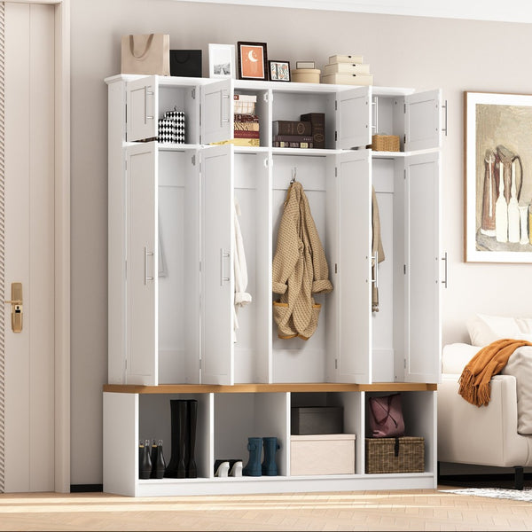 English Elm Wood Entryway Hall Tree with Bench Seating Coat Hooks Shoe Cubbies Cabinet White W5271S00004