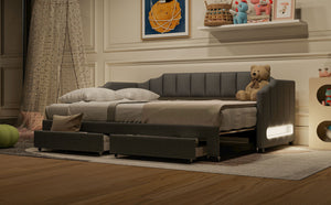 English Elm Twin Extendable Upholstered Daybed with Two Storage Drawers, LED Light, Slat Kit Included for Guests Gray N7500002061E