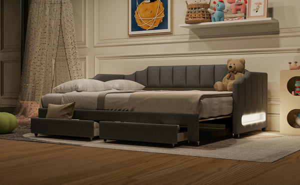 English Elm Twin Extendable Upholstered Daybed with Two Storage Drawers, LED Light, Slat Kit Included for Guests Gray N7500002061E