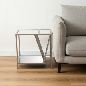 HomeRoots 24" Silver Mirrored Glass End Table with Stylish Iron Frame & Lower Shelf for Elegant Storage 274431