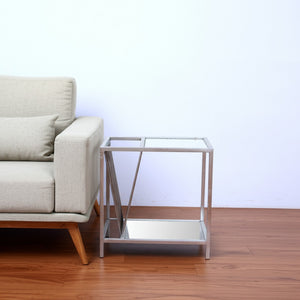 HomeRoots 24" Silver Mirrored Glass End Table with Stylish Iron Frame & Lower Shelf for Elegant Storage 274431