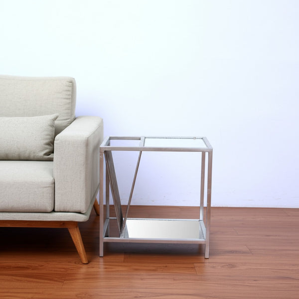 HomeRoots 24" Silver Mirrored Glass End Table with Stylish Iron Frame & Lower Shelf for Elegant Storage 274431