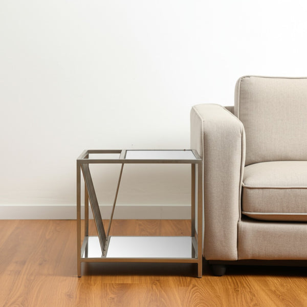 HomeRoots 24" Silver Mirrored Glass End Table with Stylish Iron Frame & Lower Shelf for Elegant Storage 274431