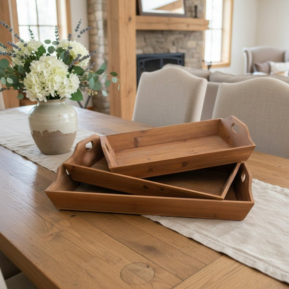 HomeRoots Set of Three Rustic Brown Wood Serving Trays - Versatile Decor & Functional Organizers for Home 274448