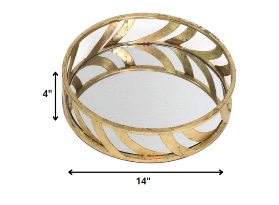 Homeroots 14" Gold Round Metal Geometric Vanity Tray   274456
