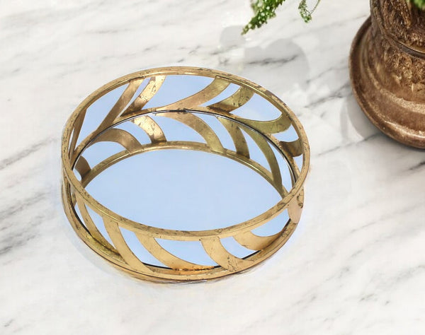 Homeroots 14" Gold Round Metal Geometric Vanity Tray   274456