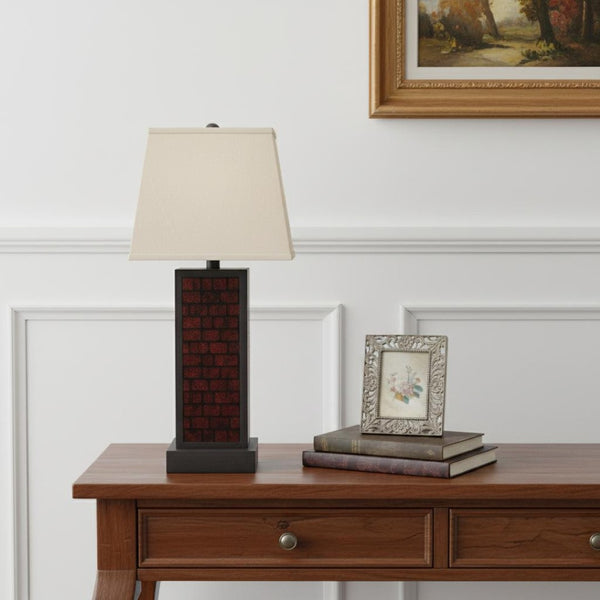 HomeRoots 31" Black Metal Bedside Table Lamp with Warm Beige Shade & Burgundy Accents for Cozy Elegance 274460