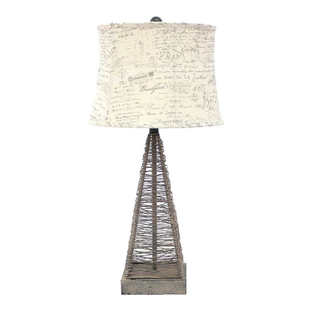 HomeRoots 29" Gray Metal Geometric Bedside Lamp with White Text Shade - Modern Accent for Cozy Ambiance 274464