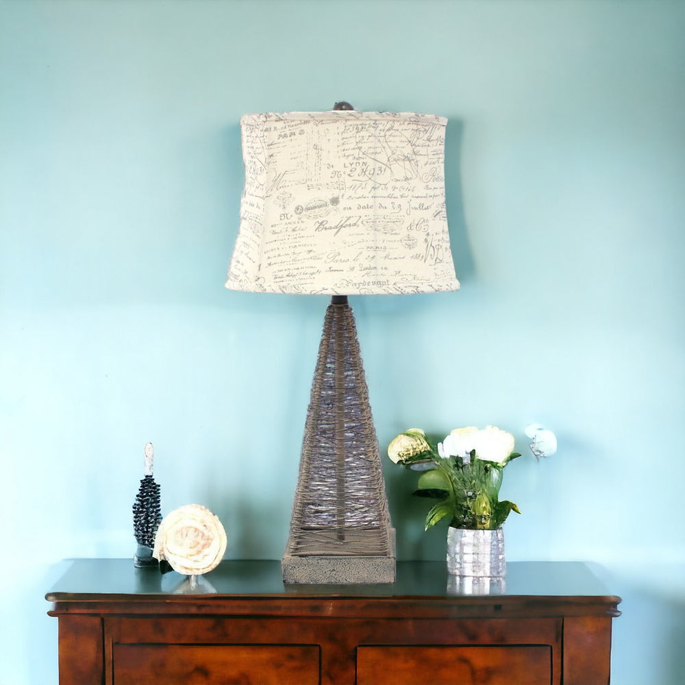 HomeRoots 29" Gray Metal Geometric Bedside Lamp with White Text Shade - Modern Accent for Cozy Ambiance 274464
