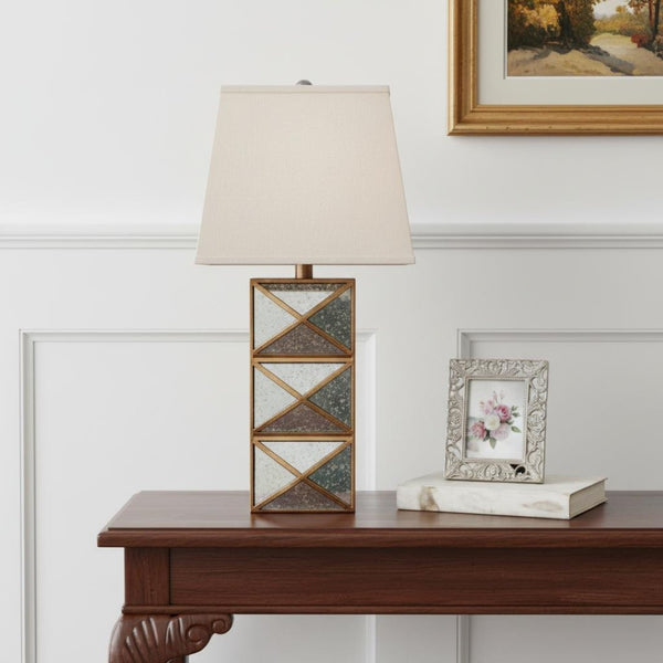 HomeRoots 28" Distressed Gold & Silver Metal Bedside Lamp with Beige Shade – Vintage Charm for Cozy Lighting 274466
