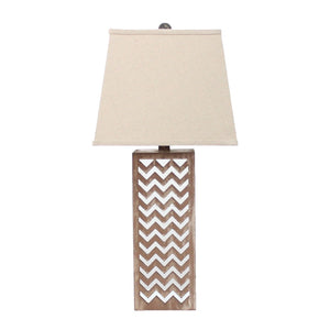 HomeRoots 28" Distressed Natural and Silver Metal Bedside Lamp with Beige Cone Shade for Cozy Lighting Decor 274468