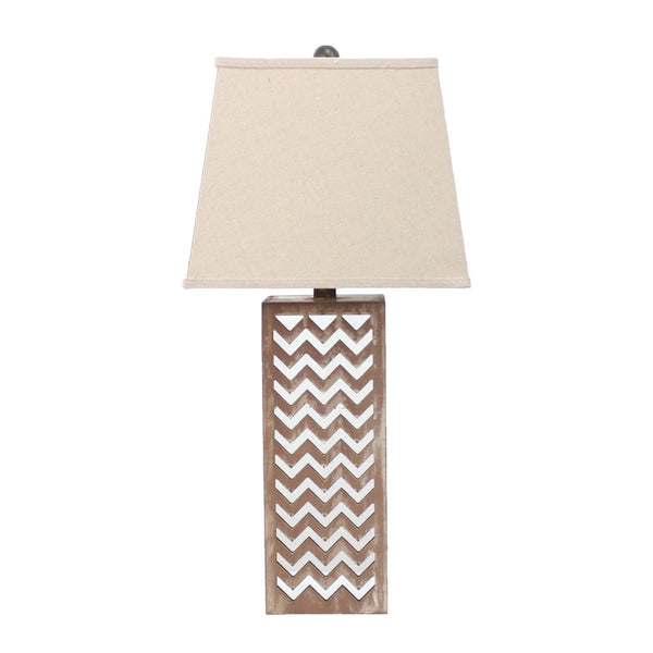 HomeRoots 28" Distressed Natural and Silver Metal Bedside Lamp with Beige Cone Shade for Cozy Lighting Decor 274468