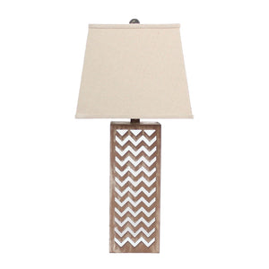HomeRoots 28" Distressed Natural and Silver Metal Bedside Lamp with Beige Cone Shade for Cozy Lighting Decor 274468