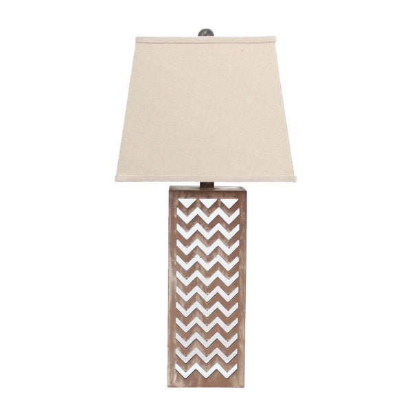 HomeRoots 28" Distressed Natural and Silver Metal Bedside Lamp with Beige Cone Shade for Cozy Lighting Decor 274468