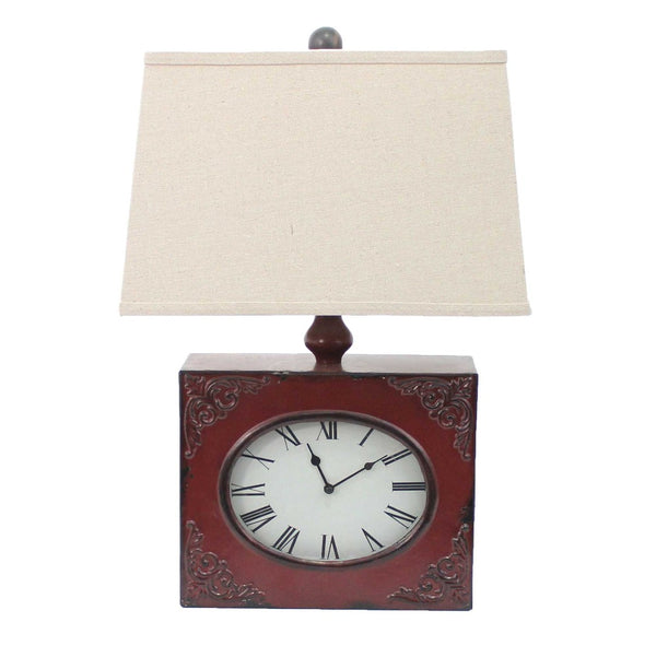 HomeRoots 22" Distressed Metal Bedside Lamp with Beige Shade - Stylish Illumination for Cozy Bedrooms Red 274469
