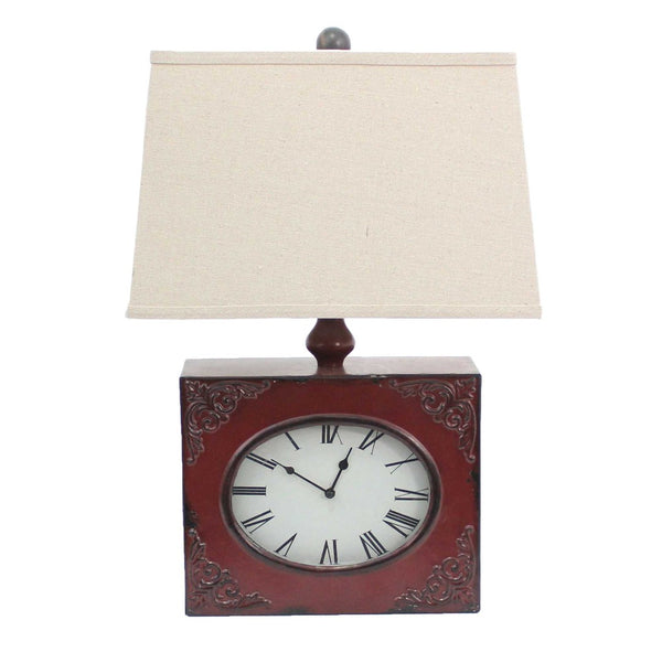 HomeRoots 22" Distressed Metal Bedside Lamp with Beige Shade - Stylish Illumination for Cozy Bedrooms Red 274469