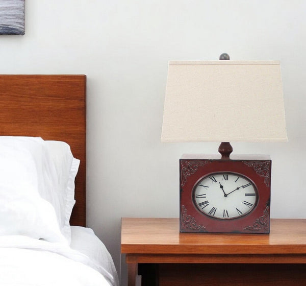HomeRoots 22" Distressed Metal Bedside Lamp with Beige Shade - Stylish Illumination for Cozy Bedrooms Red 274469