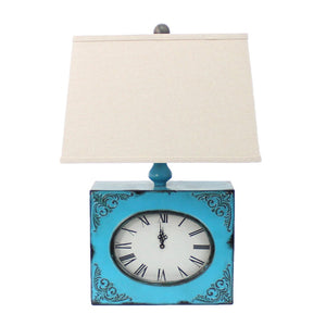 HomeRoots 22" Distressed Metal Bedside Lamp with Beige Shade - Stylish Illumination for Cozy Bedrooms Blue 274470
