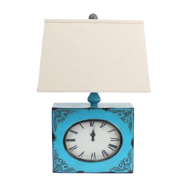 HomeRoots 22" Distressed Metal Bedside Lamp with Beige Shade - Stylish Illumination for Cozy Bedrooms Blue 274470