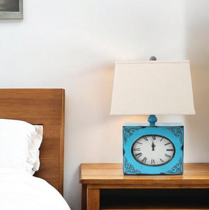 HomeRoots 22" Distressed Metal Bedside Lamp with Beige Shade - Stylish Illumination for Cozy Bedrooms Blue 274470