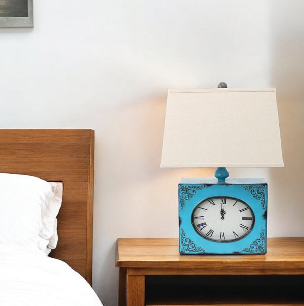HomeRoots 22" Distressed Metal Bedside Lamp with Beige Shade - Stylish Illumination for Cozy Bedrooms Blue 274470