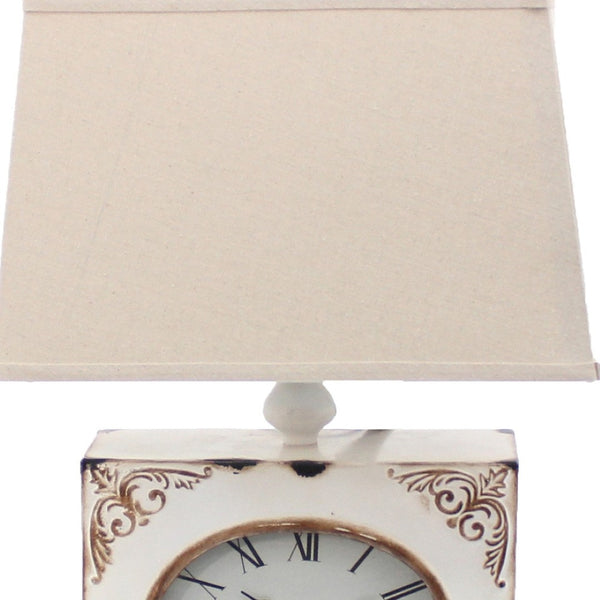 HomeRoots 22" Distressed Metal Bedside Lamp with Beige Shade - Stylish Illumination for Cozy Bedrooms White 274471