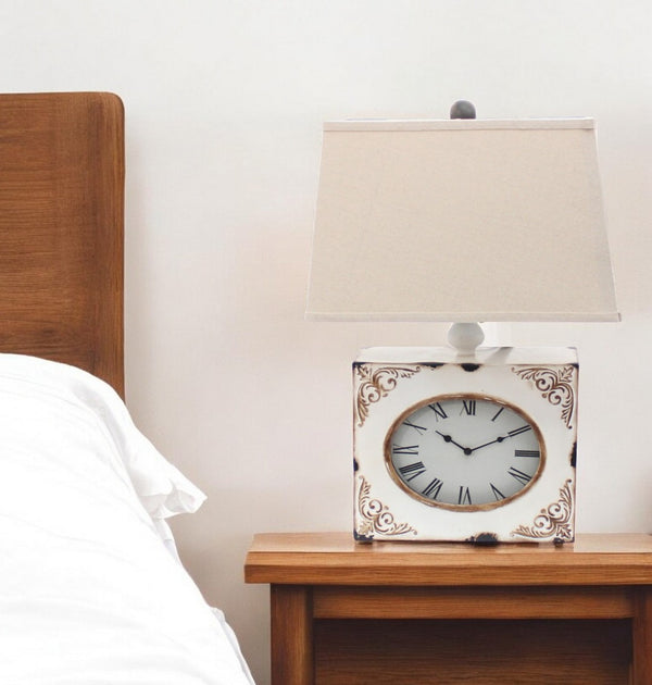 HomeRoots 22" Distressed Metal Bedside Lamp with Beige Shade - Stylish Illumination for Cozy Bedrooms White 274471