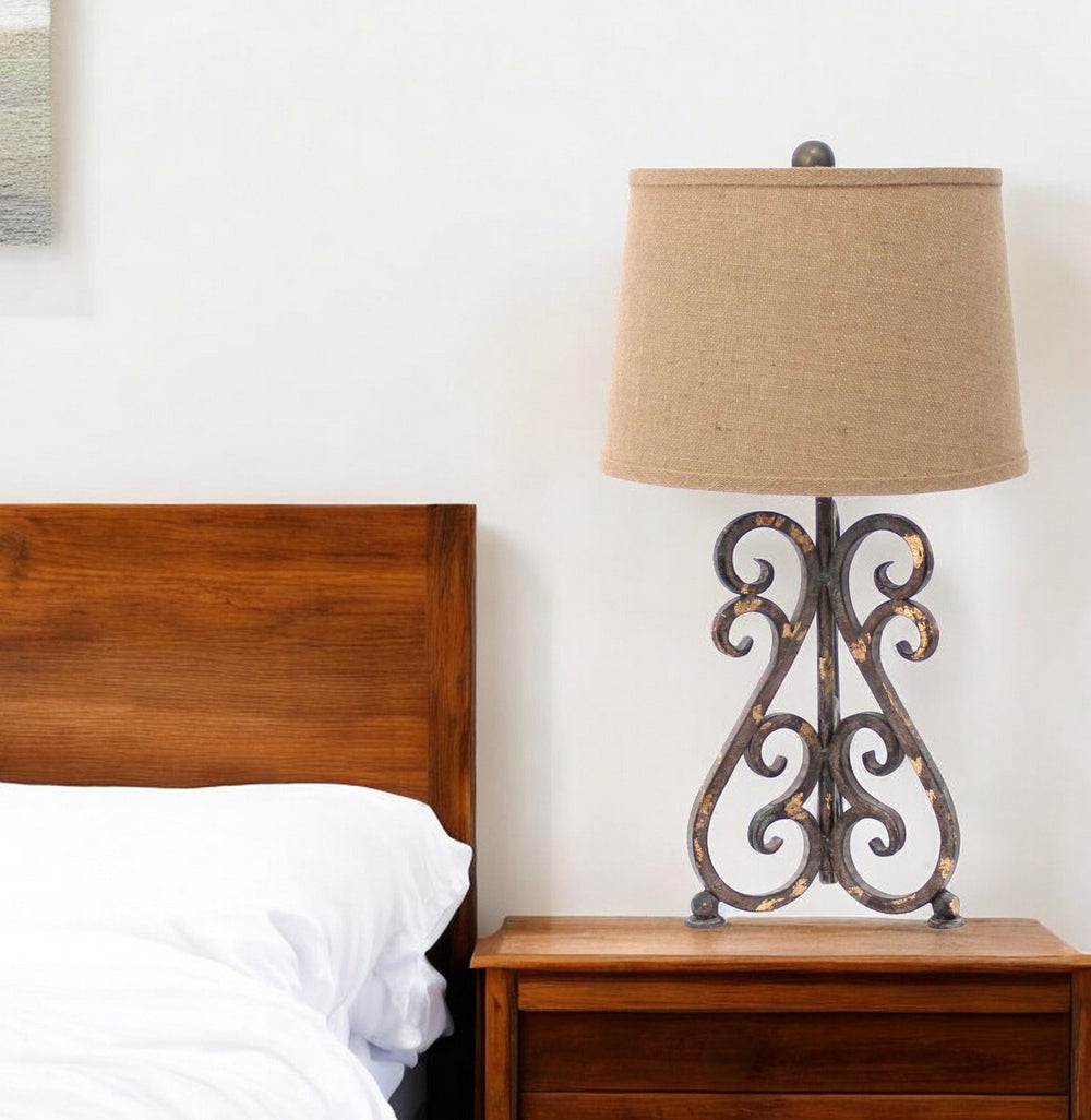 Homeroots 13 X 11 X 23.75 Bronze Vintage Metal Khaki Linen Shade - Table Lamp   274472