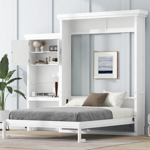 English Elm Queen Size Murphy Bed With Stylish Louvered Design, Multi-Storage Shelves, And Elegant White Finish N7090004018K-GIGA