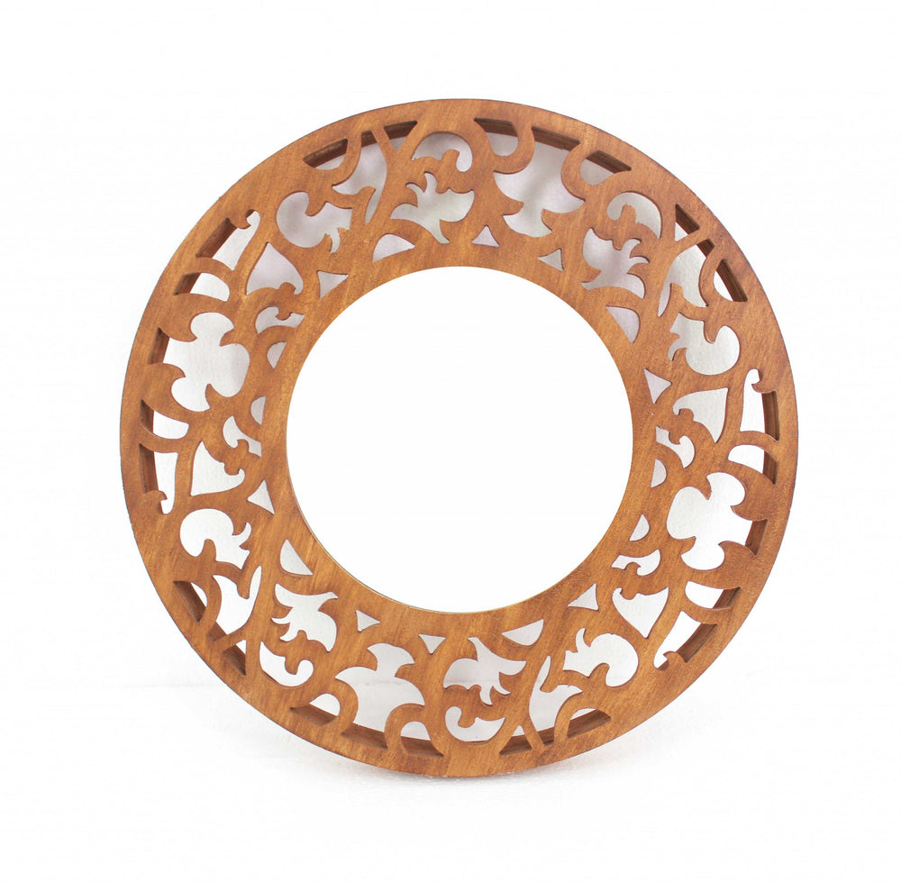 Homeroots 24" Brown Round Wood Framed Accent Mirror  Wood 274487