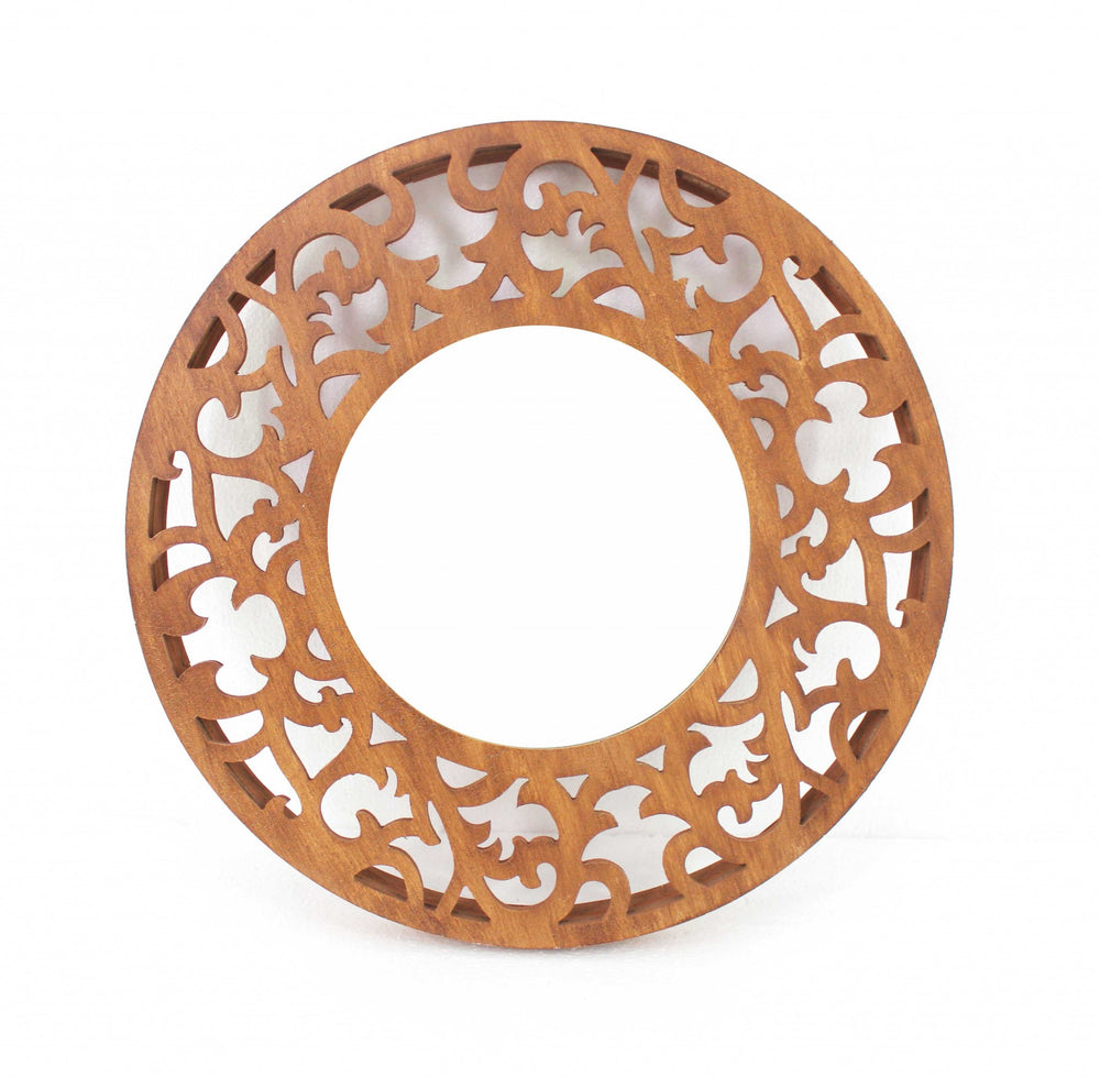 Homeroots 24" Brown Round Wood Framed Accent Mirror  Wood 274487