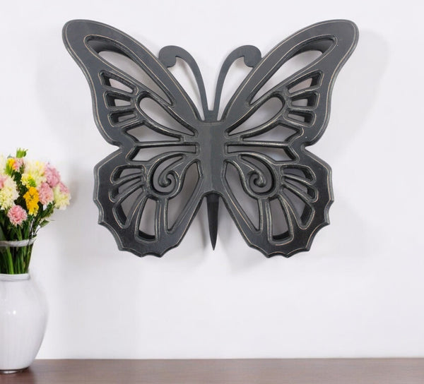 Homeroots 23" X 19" Black Rustic Butterfly Wooden Wall Decor   274489