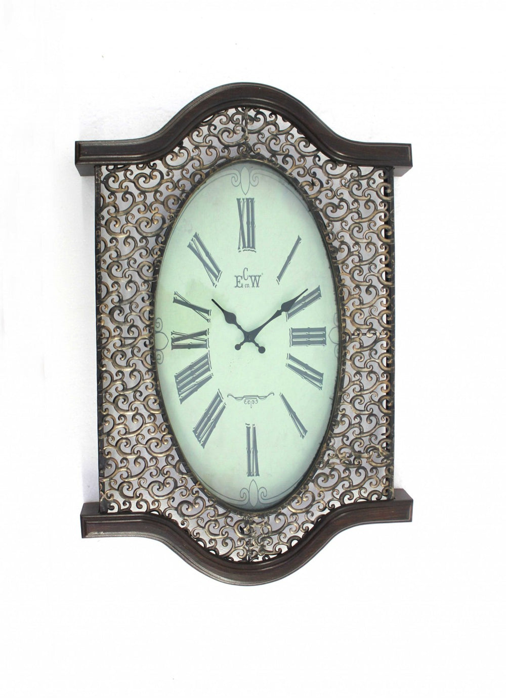 HomeRoots 20" Oval Antiqued Bronze Wall Clock - Vintage Elegance with Wood Accents for Timeless Style Brown 274496