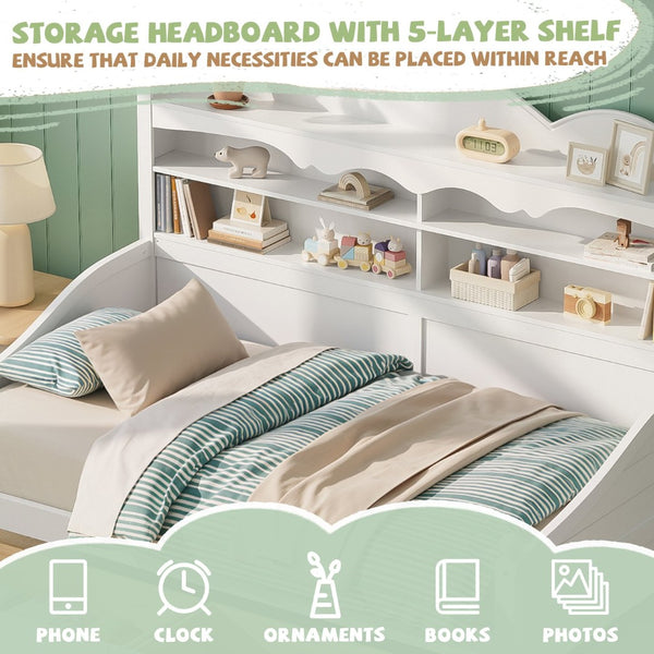 English Elm Twin Daybed Retro Wood Frame with Under Bed Drawers and Headboard Shelving White N733S415358K
