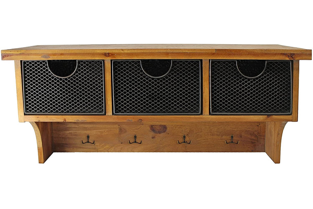 Homeroots Brown Rustic Wooden Wall Shelf With 3 Drawers And Hooks  Solid Wood 274502