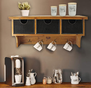 Homeroots Brown Rustic Wooden Wall Shelf With 3 Drawers And Hooks  Solid Wood 274502