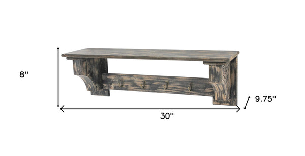 HomeRoots 30" Distressed Wood Vintage-Inspired Wall-Mounted Coat Rack with Four Hooks for Stylish Organization Black 274516
