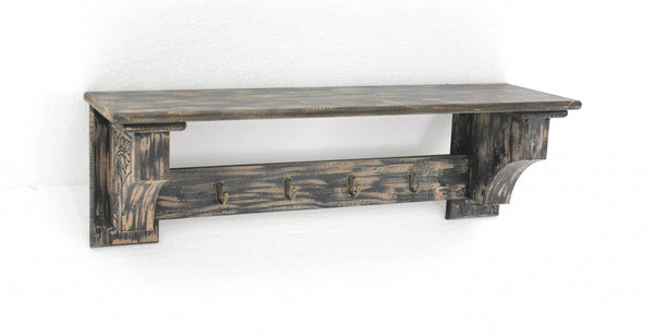 HomeRoots 30" Distressed Wood Vintage-Inspired Wall-Mounted Coat Rack with Four Hooks for Stylish Organization Black 274516