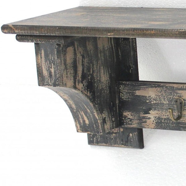HomeRoots 30" Distressed Wood Vintage-Inspired Wall-Mounted Coat Rack with Four Hooks for Stylish Organization Black 274516