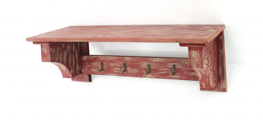 HomeRoots 30" Distressed Wood Vintage-Inspired Wall-Mounted Coat Rack with Four Hooks for Stylish Organization Red 274518